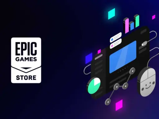 Logo Epic Games Store obok stylizowanej grafiki z myszką i wykresami. Idealne miejsce na **epic games darmowe gry**!