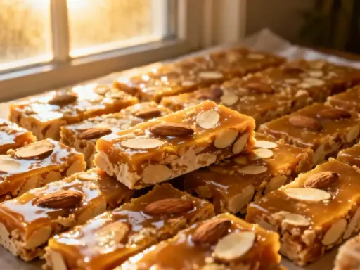 Délicieuses barres de nougatine recette, garnies d'amandes entières et effilées, sous une lumière douce.