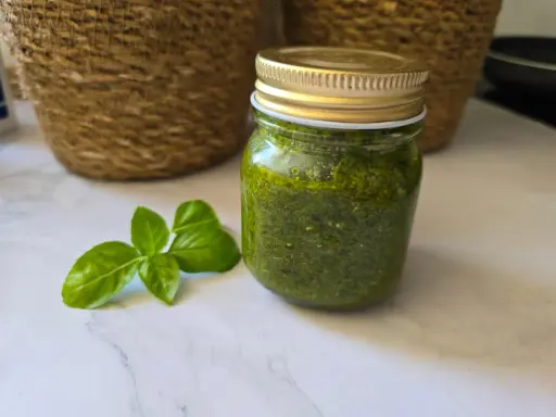Un pot de pesto maison, vert vif, à côté de feuilles de basilic frais. Parfait pour sublimer vos plats !