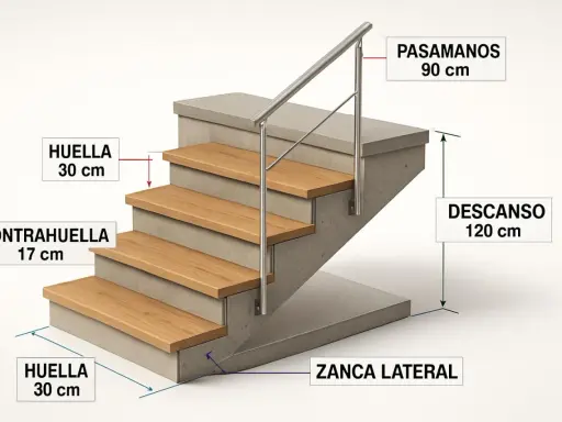 Detalle de medidas huella y contrahuella escalera: huella 30 cm, contrahuella 17 cm, pasamanos 90 cm, descanso 120 cm.