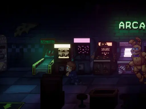 Chłopiec ucieka przed Springtrapem w mrocznym salonie gier, jak w **FNAF Into the Pit**.