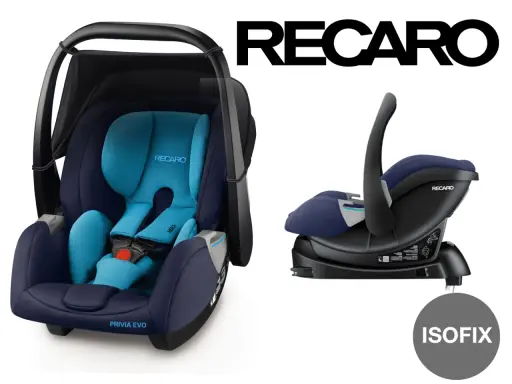 Dwa foteliki samochodowe Recaro w kolorze granatowym i niebieskim, jeden z bazą Isofix.