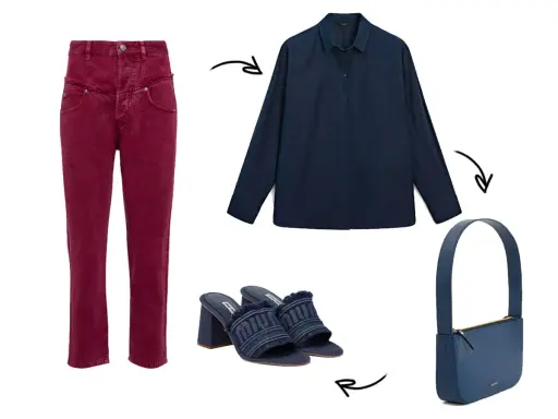 Un outfit bordeaux e blu: jeans scuri, camicia blu, sandali in denim e borsa blu.