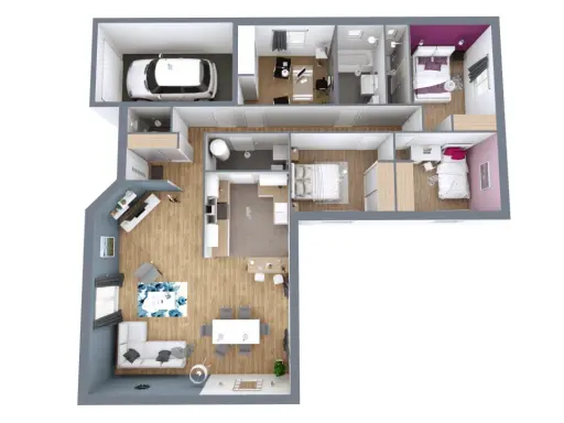 Plan 3D d'une maison avec garage, salon, cuisine, salle de bain et chambres.