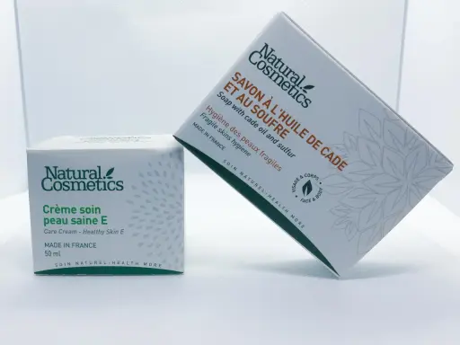 Crème soin peau saine E et savon à l'huile de cade et au soufre, idéaux pour les peaux fragiles. Une solution naturelle pour soulager l'eczéma.
