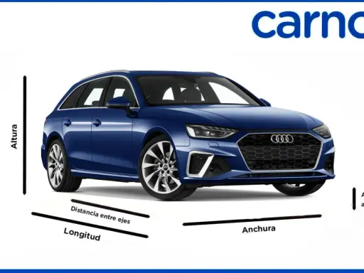 Audi A4 Avant azul con indicaciones de sus audi a4 avant medidas: longitud, distancia entre ejes, altura y altura libre al suelo.