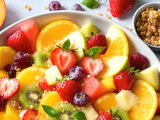 Una colorata macedonia di frutta con fragole, arance, kiwi, uva e melone, guarnita con menta fresca e una spolverata di granola croccante.