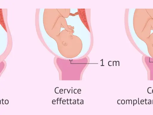 Illustrazione del travaglio: cervice non dilatata, dilatata di 1 cm e completamente dilatata (10 cm). Il cerchiaggio cervicale è una procedura per sostenere una cervice debole.