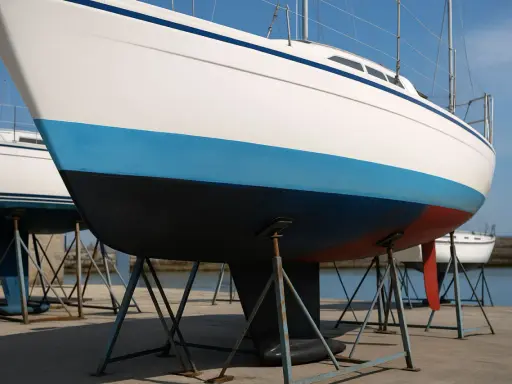 Coques de voiliers sur bers. La bande bleue et la partie inférieure noire de la coque arborent une belle couleur antifouling.