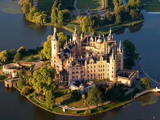 Schweriner Schloss, perła północnych Niemiec, co warto zobaczyć, otoczony wodą i zielenią.