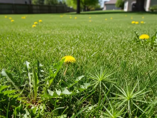 A lush green lawn in Iowa dotted with bright yellow dandelions, a common sight among iowa lawn weeds.