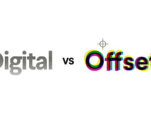 Porównanie: druk cyfrowy a offsetowy. Słowo "Digital" z kropek, "Offset" w kolorach CMYK.