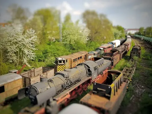 Un cementerio de trenes con efecto tilt shift, donde locomotoras y vagones oxidados parecen miniaturas bajo un cielo nublado.