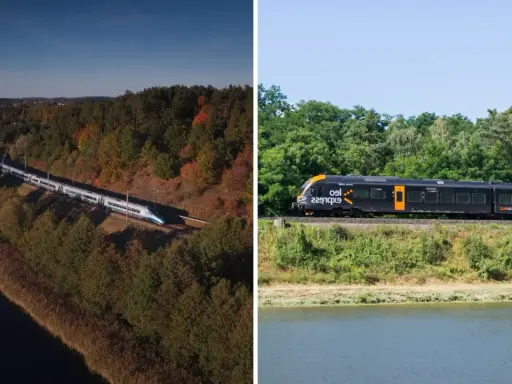 Pociąg Pendolino na linii kolejowej Kraków Zakopane wśród jesiennych drzew. Po prawej czarny pociąg Leo Express.