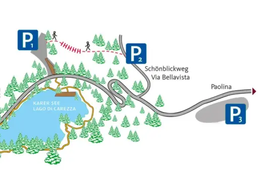 Mappa del Lago di Carezza con parcheggio gratis P1, P2, P3. Sentieri per Schönblickweg e percorsi per Welschnofen.
