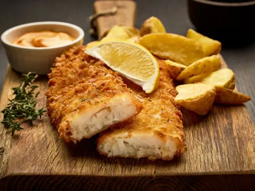Krispigt panerad fisk, perfekt stekt, serveras med klyftpotatis och en citronskiva. En härlig måltid att njuta av.