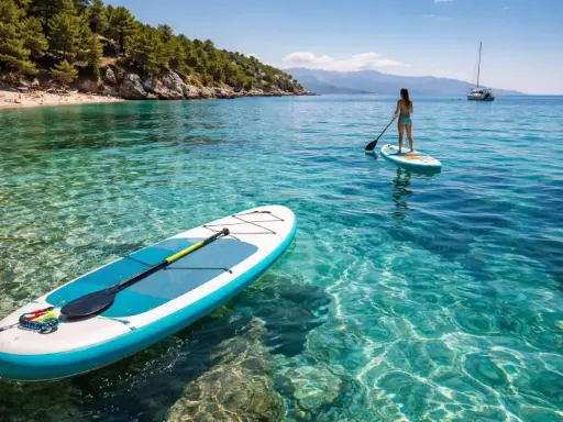 Sup chorwacja! Dwie deski SUP unoszą się na krystalicznie czystej wodzie. Jedna z nich, bliżej, ma wiosło. Na drugiej, dalej, stoi kobieta. W tle widać plażę i góry.