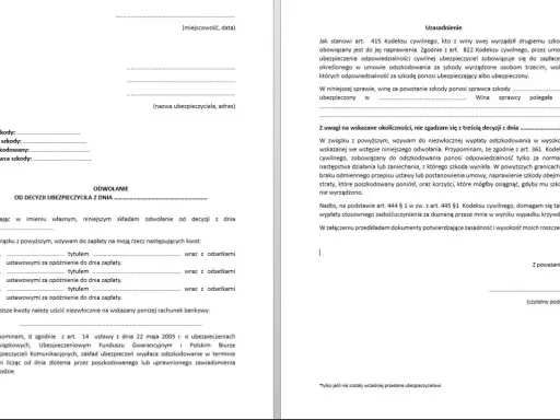 Odwołanie od decyzji ZUS. Dokument zawiera uzasadnienie roszczenia o wypłatę odszkodowania i zadośćuczynienia.