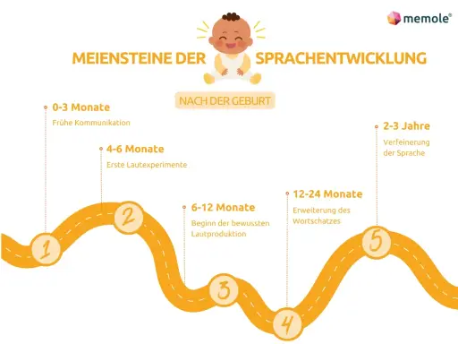 Meilensteine der Sprachentwicklung: Von früher Kommunikation bis zur Verfeinerung der Sprache bei 3 Jahren.