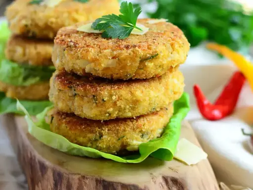 Złociste kotlety z kalafiora na 3 sposoby, podane na liściach sałaty, z parmezanem i natką pietruszki. Obok czerwone i żółte papryczki chili.