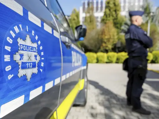 Policjant w mundurze stoi obok radiowozu z widocznym znakiem Policji i numerem 112.