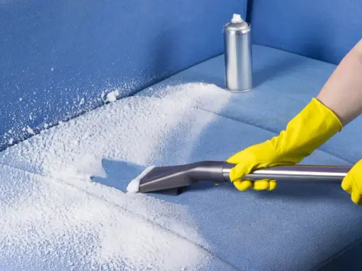 Mani con guanti gialli eseguono il lavaggio divano a secco con schiuma e aspiratore su tessuto blu.