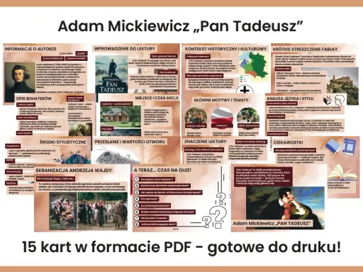 Ilustracja przedstawia kolaż grafik i zdjęć związanych z "Panem Tadeuszem" Adama Mickiewicza.