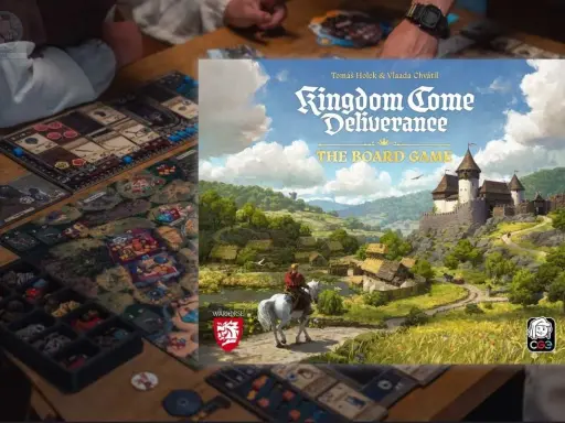 Rebel zapowiedzi: plansza do gry Kingdom Come: Deliverance, zamek na wzgórzu, wioska i rycerz na koniu.