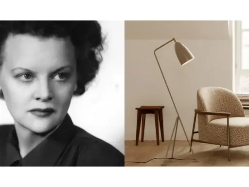 Porträtt av Greta Magnusson Grossman bredvid en av hennes ikoniska golvlampor och en fåtölj i en modern inredning.