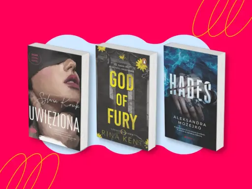 Trzy okładki książek: "Uwięziona", "God of Fury" i "Hades". Idealne dla fanów mrocznych, porywających historii i gatunku dark romance książki.