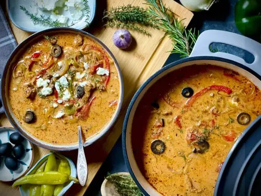 Zwei Töpfe mit cremiger Gyrossuppe, garniert mit Feta, Oliven und Paprika. Ein köstliches Gyrossuppe Rezept für kalte Tage.