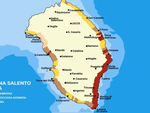Mappa del Salento, una terra puglia da scoprire, con coste sabbiose, rocciose e scogliere. Indica città come Lecce, Otranto e Gallipoli.