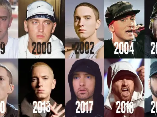 Eminem na przestrzeni lat: od młodego rapera w 1999 do dojrzałego artysty w 2020. Zmieniał fryzury i styl, ale zawsze rozpoznawalny.