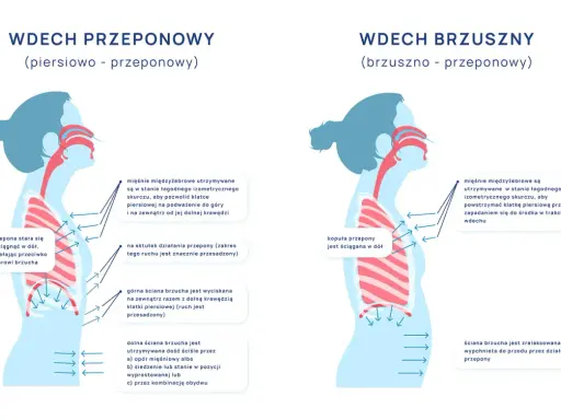Ilustracja pokazuje dwa rodzaje wdechu: piersiowo-przeponowy i brzuszno-przeponowy. W obu przypadkach kluczowe jest **oddychanie przeponowe**, które angażuje przeponę do głębszego wdechu.