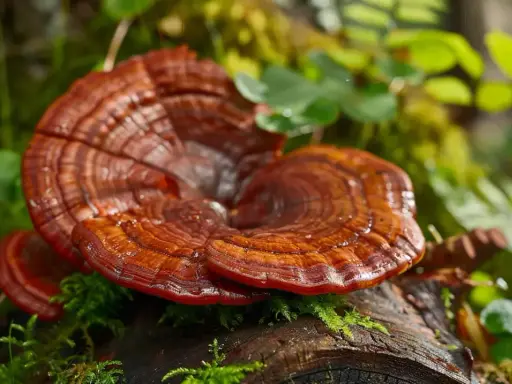 Lśniące grzyby reishi na pniu, otoczone mchem i zielenią. Reishi na co? Na zdrowie i odporność, symbol długowieczności.