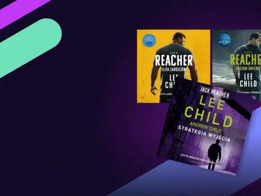 Trzy okładki książek z serii Jack Reacher autorstwa Lee Childa. Najnowsza książka "Strategia Wyjścia" w fioletowej tonacji.