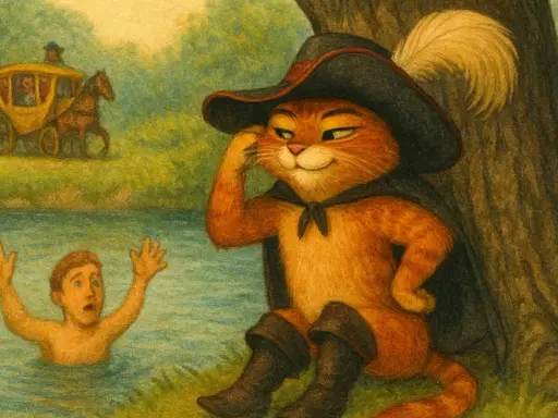 El Gato con Botas, protagonista de un cuento divertido para niños, observa a un niño en apuros en el río, mientras un carruaje avanza al fondo.