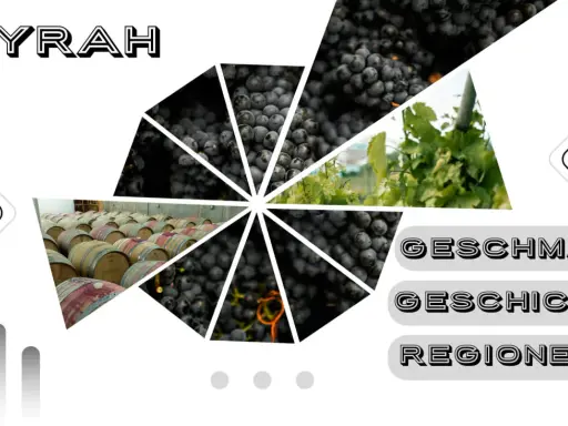 Syrah Traube: Dunkle Beeren, Weinreben, Fässer und die Worte "Geschmack", "Geschichte", "Regionen" erzählen von der Vielfalt dieser Rebsorte.