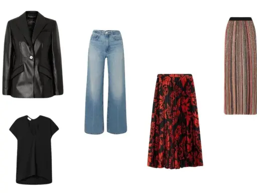 Outfit giacca di pelle donna con jeans a zampa, t-shirt nera, gonna a fantasia rossa e nera, e gonna a righe colorate.