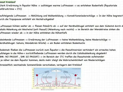 Schema des Passatkreislaufs, erklärt im Erdkunde Unterricht. Zeigt aufsteigende und absinkende Luftmassen, ITC und Passatinversion.