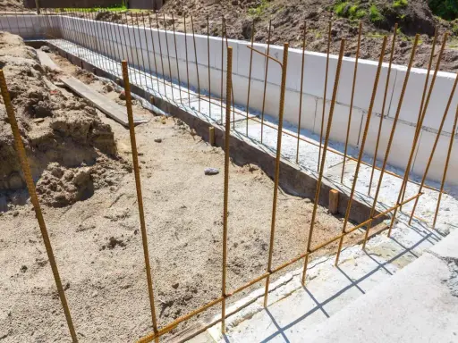 Zbrojenie fundamentu w trakcie budowy, stalowe pręty tworzą ruszt dla przyszłego betonu.