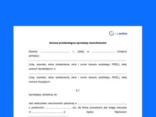 Umowa przedwstępna sprzedaży nieruchomości, zawierająca dane sprzedającego i kupującego, powierzchnię działki oraz numer księgi wieczystej.
