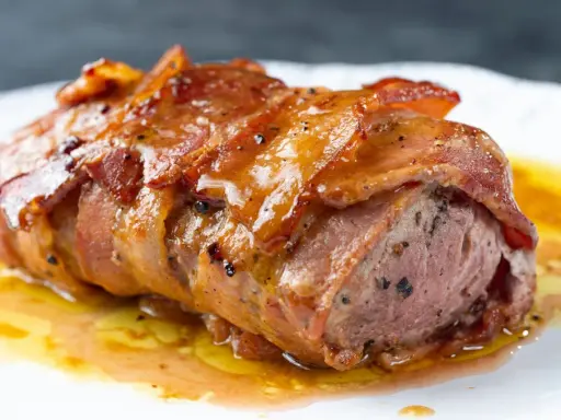 Saftiges Schweinefilet im Speckmantel, glasiert und mit Pfeffer bestreut, ruht in einer köstlichen Sauce auf einem weißen Teller.