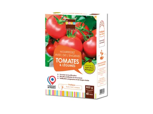 Engrais pour tomates et légumes, favorise la fructification et une récolte savoureuse. Fabriqué en France.