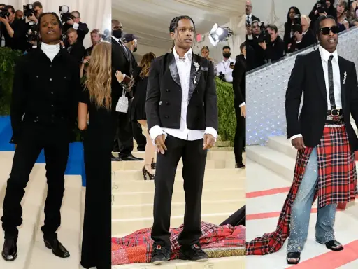 ASAP Rocky Met Gala looks showcase bold fashion choices, from all-black ensembles to a striking kilt over embellished jeans.