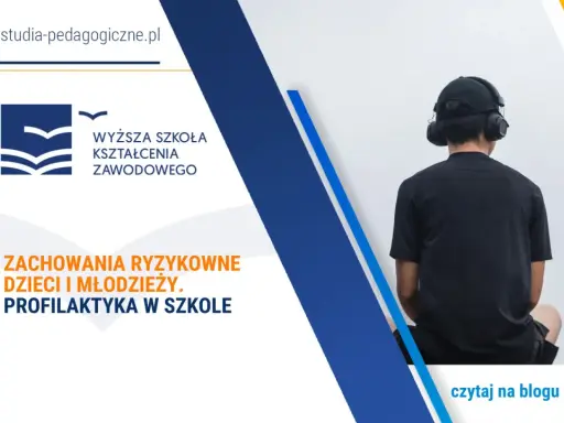 Młody człowiek w słuchawkach, symbolizujący **zachowania ryzykowne dzieci i młodzieży**. Temat profilaktyki w szkole.