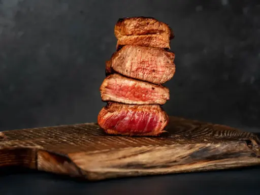 Gestapelte, saftige Steak-Scheiben, perfekt englisch gebraten, auf einem rustikalen Holzbrett.