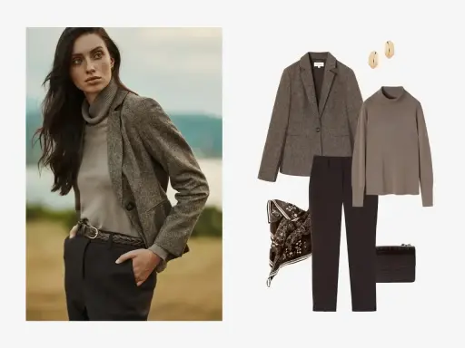 Elegancka stylizacja: jak nosić golf damski pod tweedową marynarkę, z czarnymi spodniami i akcesoriami.
