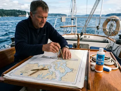 Un homme utilise un compas de marine pour lire une carte nautique sur un voilier.