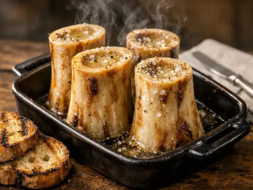 Os à moelle fumants dans un plat, accompagnés de toasts grillés. Un délice de restaurant.